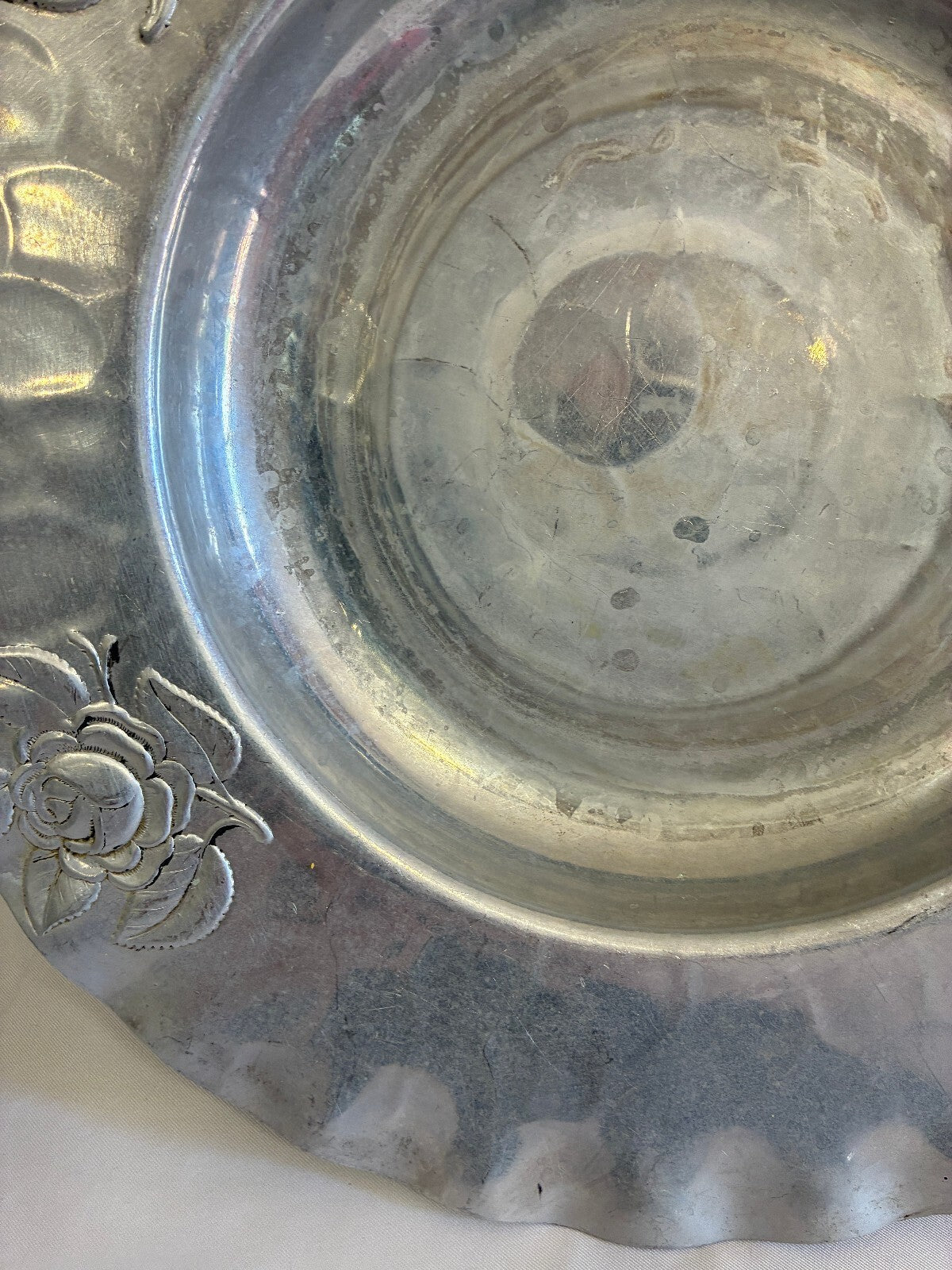 Vintage Hammered Aluminum Bowl | Hand Chased Rose Design Ruffled Rim