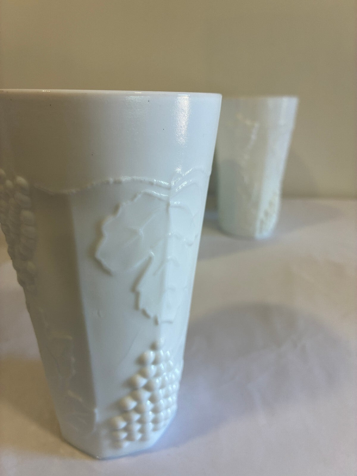 Vintage Milk Glass Tumblers Set of 9 Grape Vine Pattern White Drinking Glasses