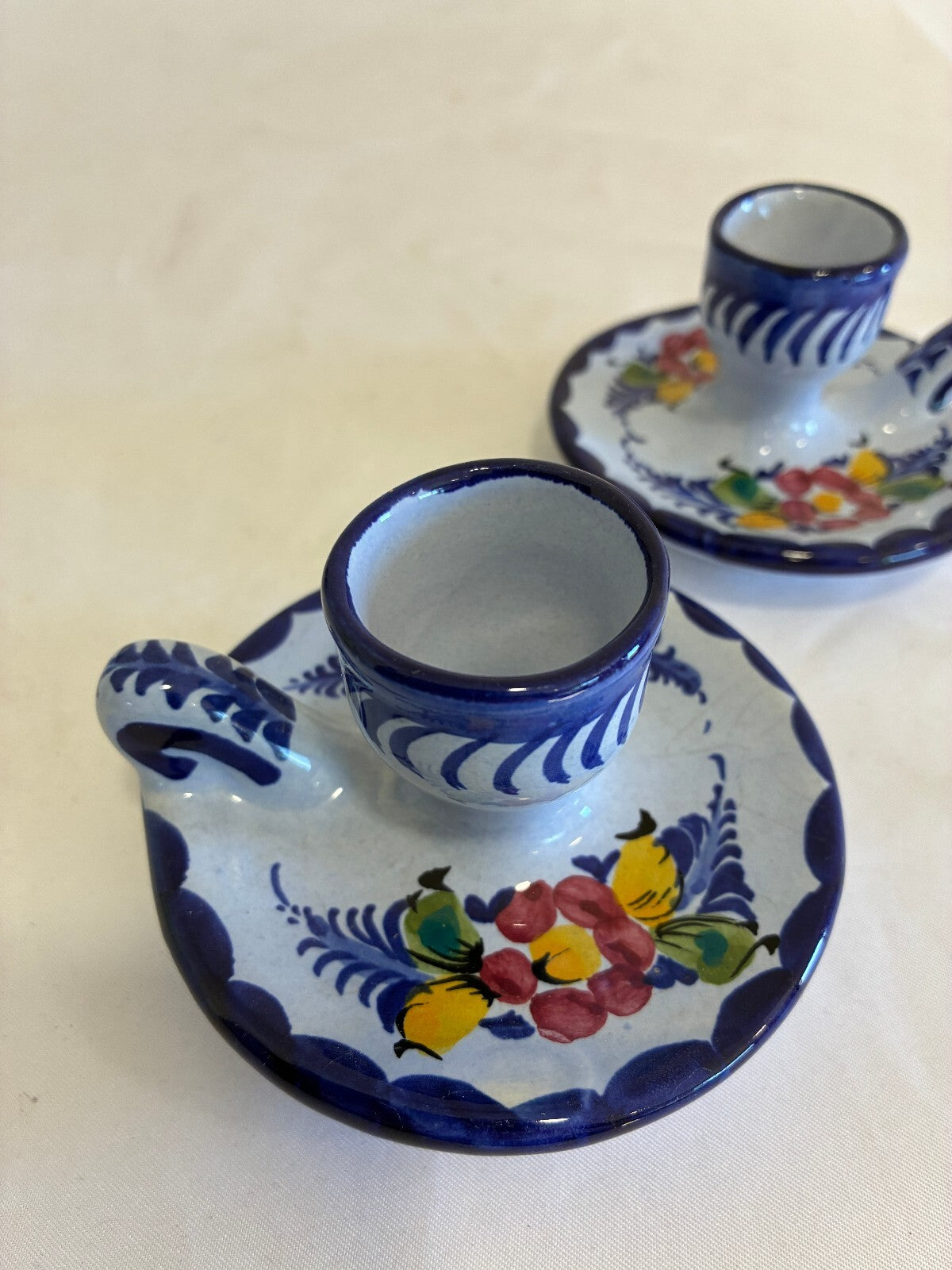 Vintage Pair of Alcobaça Portugal Candle Holders, Hand Painted Blue Floral
