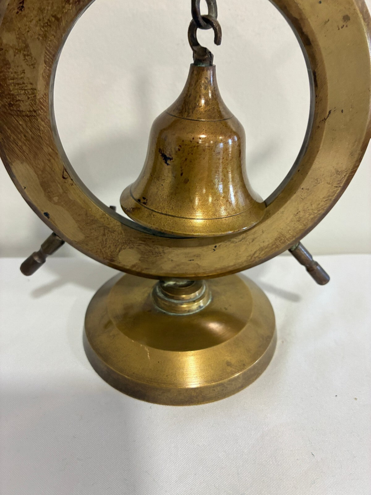Vintage Brass Ship Wheel Bell on Stand, Nautical Desk or Counter Bell, India