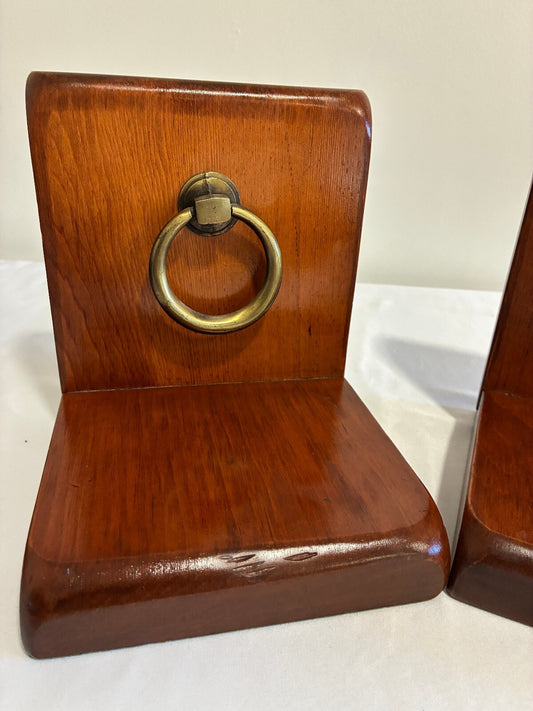 Vintage Wood Bookends with Brass Ring Pulls | Mid-Century Bookends, Set of 2