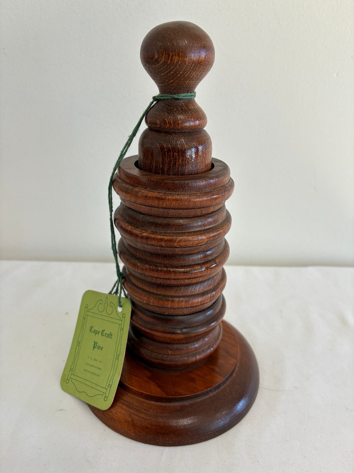 Vintage Wood Napkin Ring Holder Stand with Turned Rings, Cape Craft Pine, USA