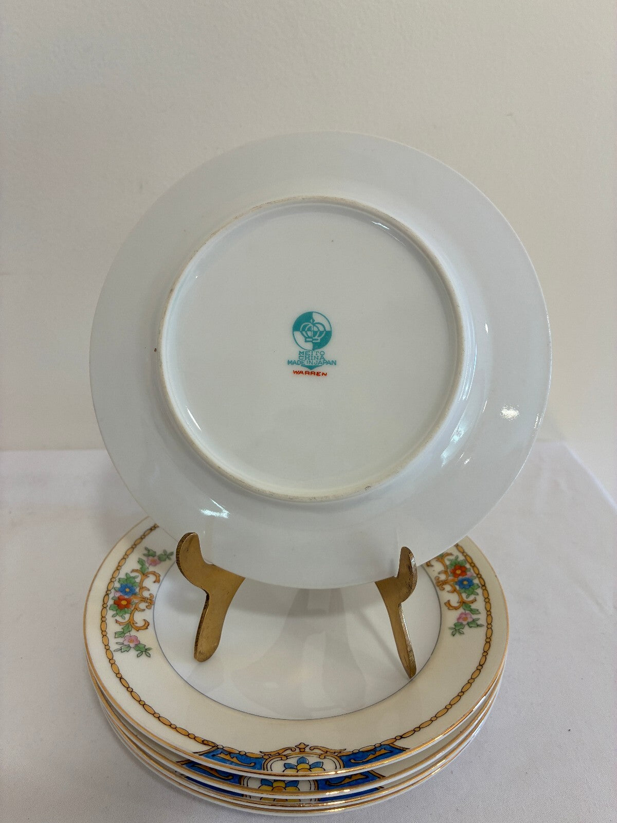 Vintage Meito China Warren 6" Bread and Butter Plates, Floral Blue and Gold Trim