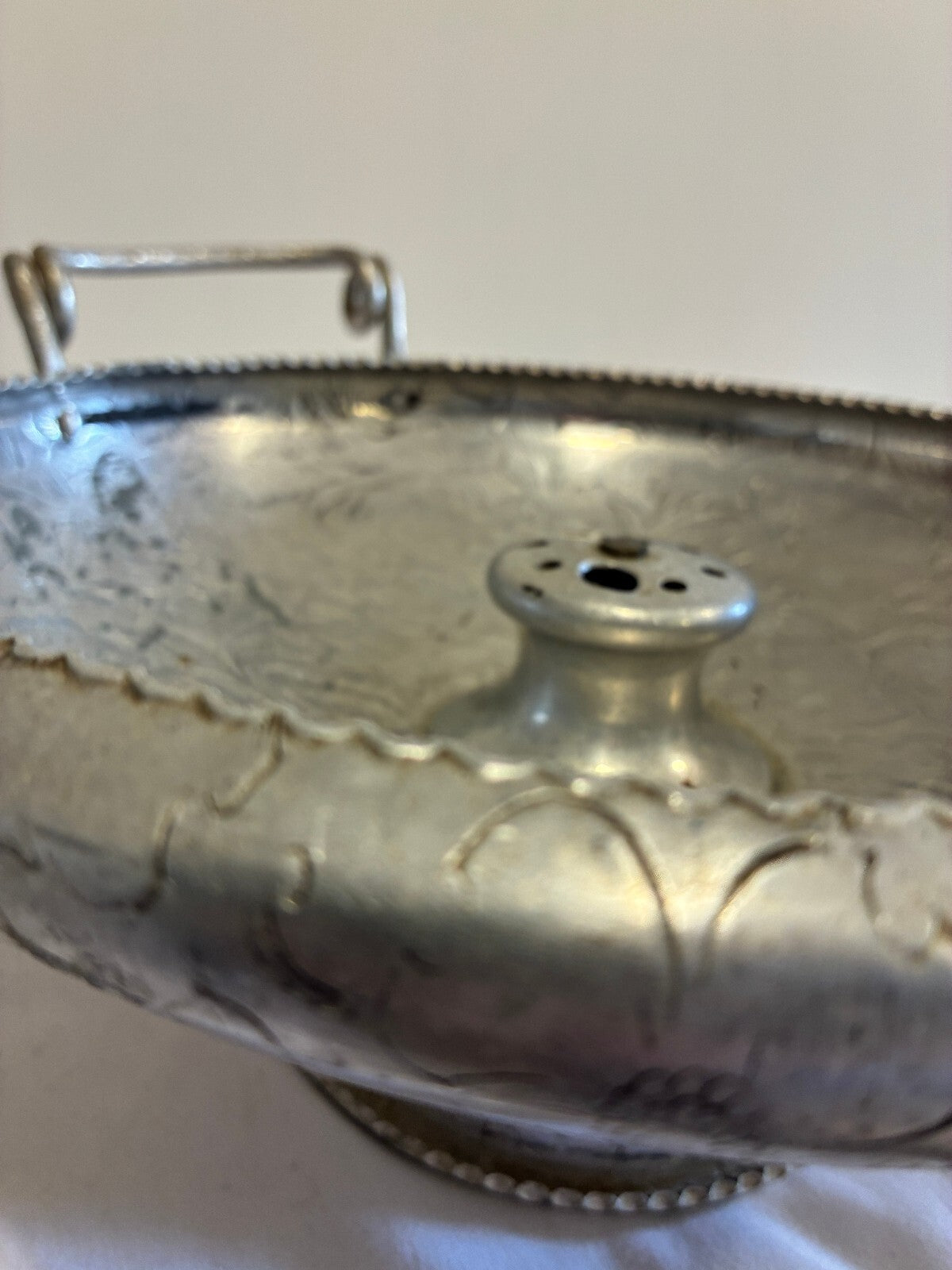Vintage Hammered Aluminum Nutcracker Bowl,Etched Floral Handled Centerpiece Bowl