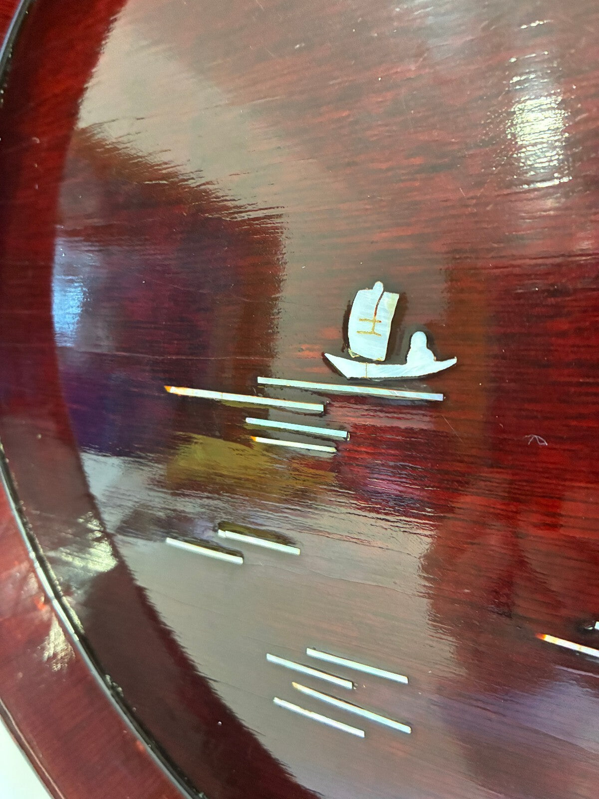 Asian Lacquer Mother of Pearl Inlay Tray | Oval Wood Landscape Scene