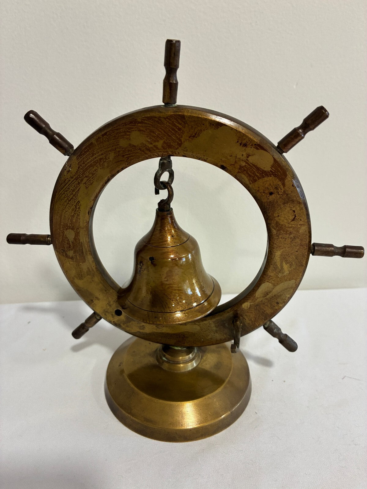 Vintage Brass Ship Wheel Bell on Stand, Nautical Desk or Counter Bell, India