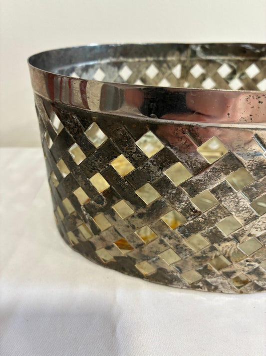 Vintage International Silver Pierced Silverplate Basket, Lattice Serving Basket, Decorative Centerpiece Bowl, Hollywood Regency Decor