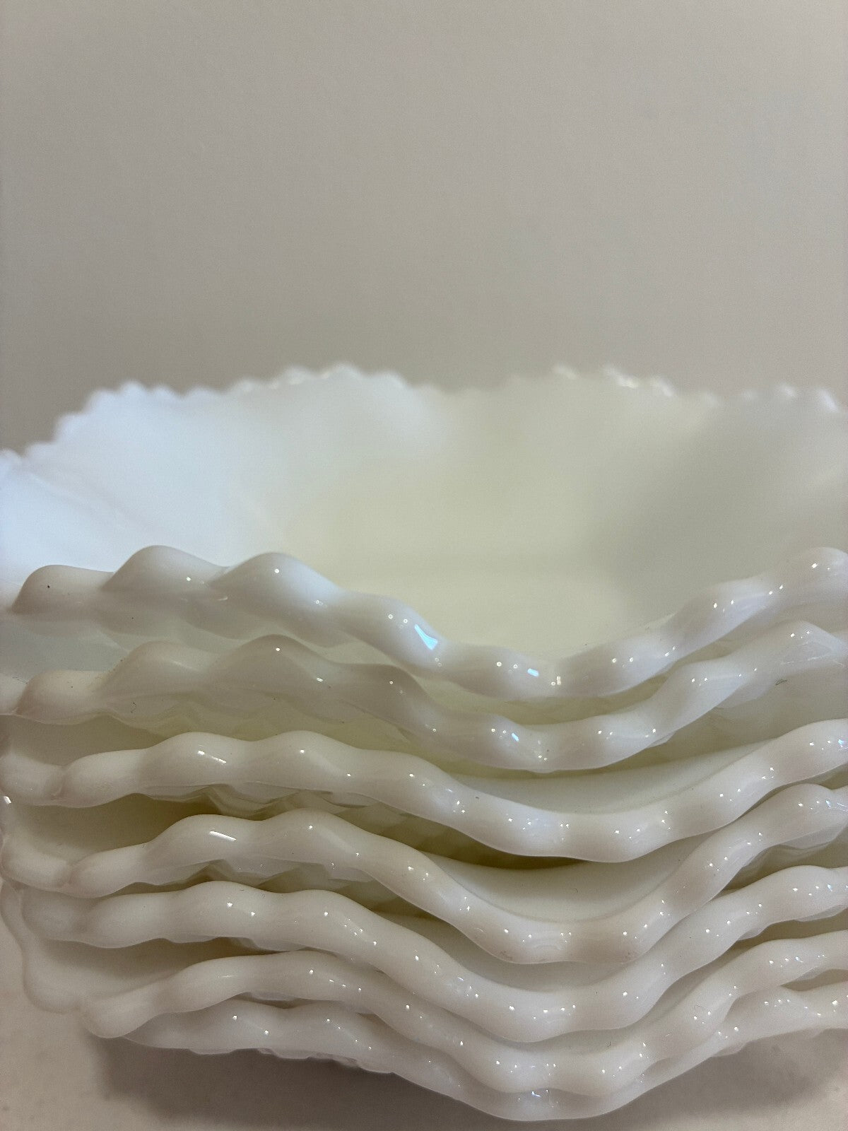 Vintage Milk Glass Ruffled Bowls Set of 8 | Quilted Diamond Pattern White Glass