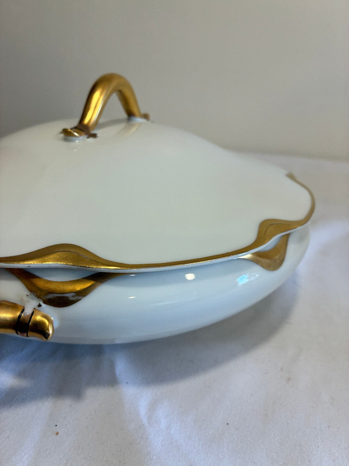 Antique Haviland Limoges Covered Tureen, White & Gold Handled Serving Dish