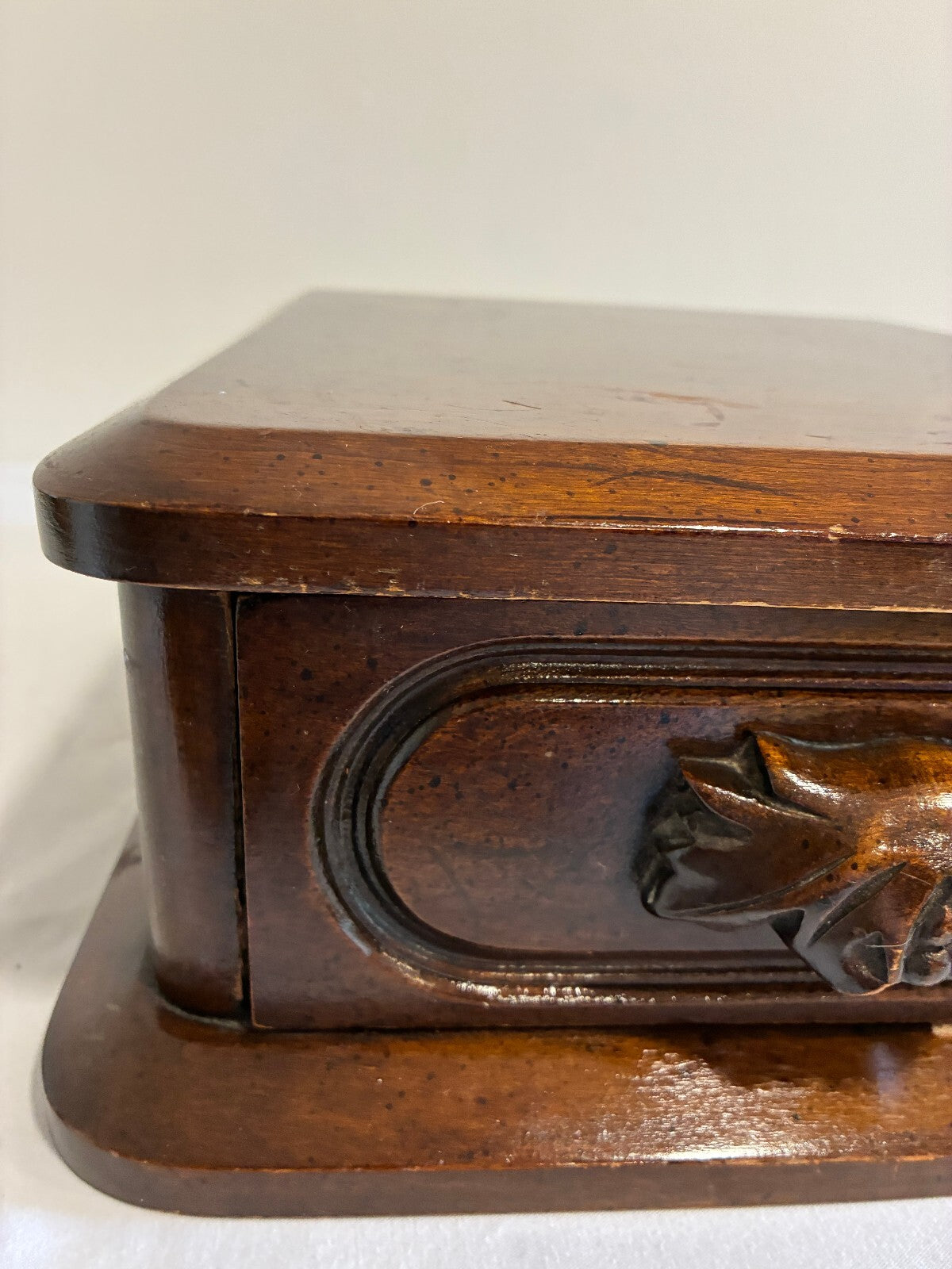 Vintage Davis Cabinet Company Wooden Box with Drawer, Antique Cherry Finish, Carved Leaf Pull, Nashville Tennessee
