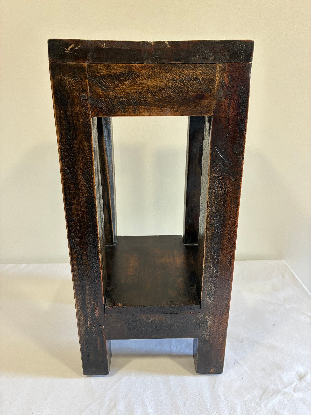 Rustic Solid Pine Wood Plant Stand | Two Tier Dark Wood Side Table