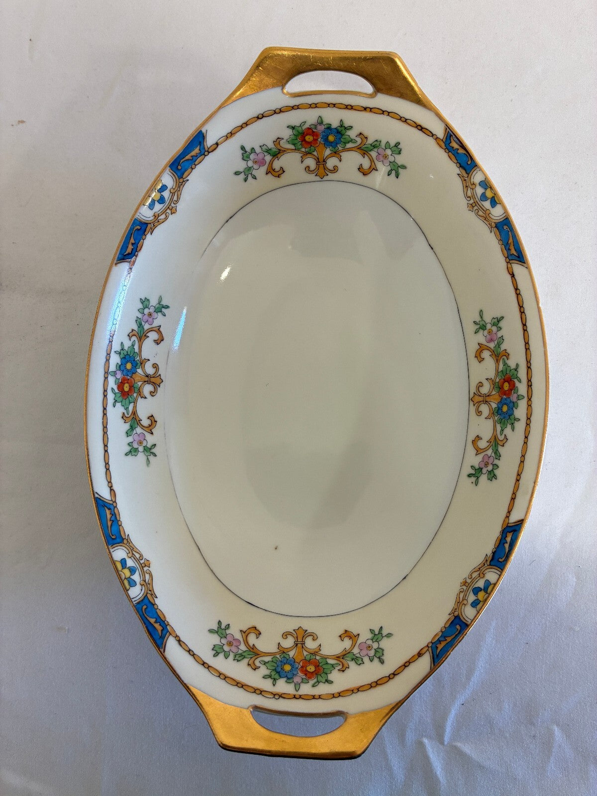 Vintage Meito China Warren Oval Vegetable Bowl, Hand Painted with Gold Handles