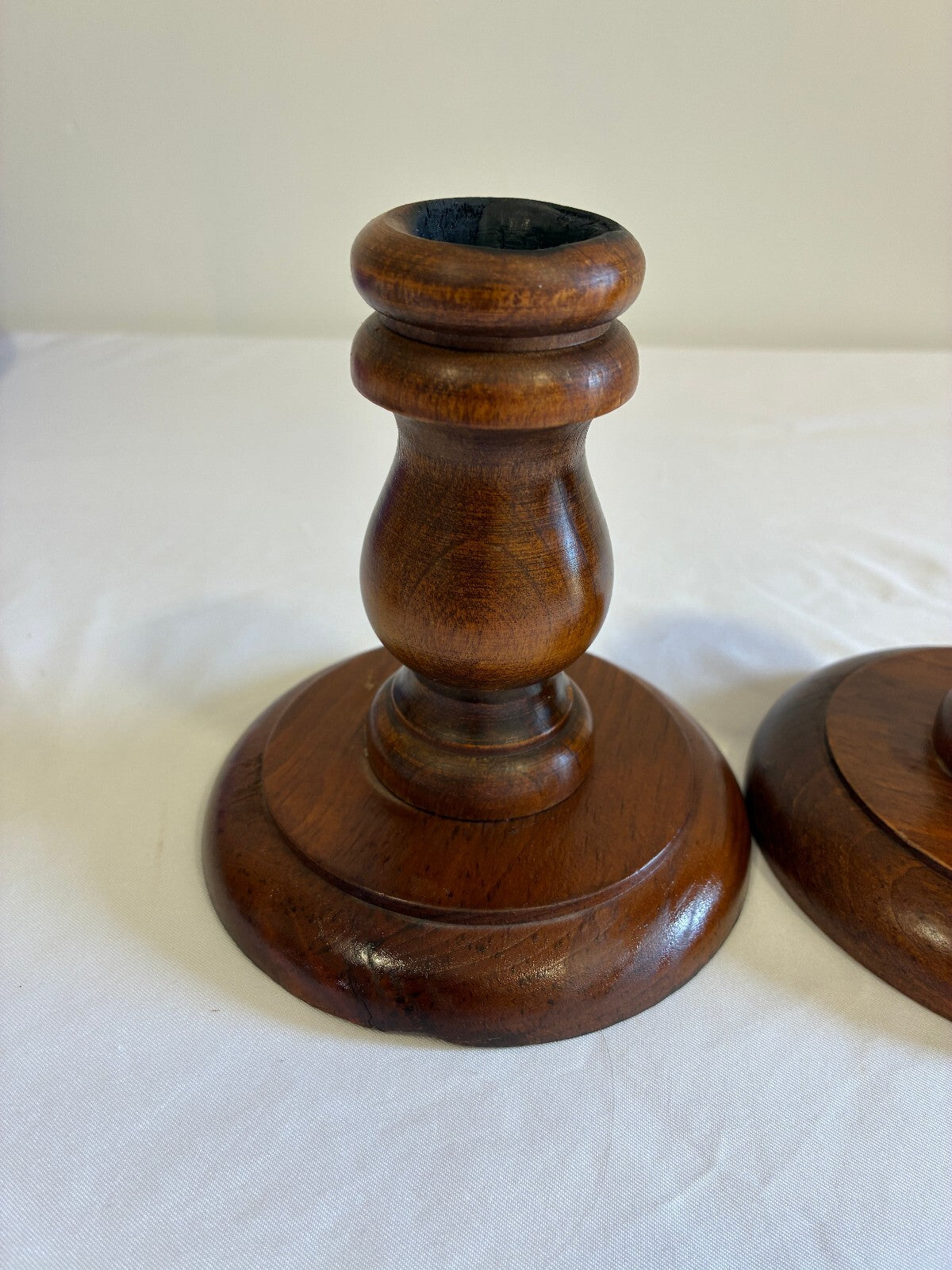 Vintage Turned Wood Candlestick Holders Pair | Round Base Wooden Candleholders