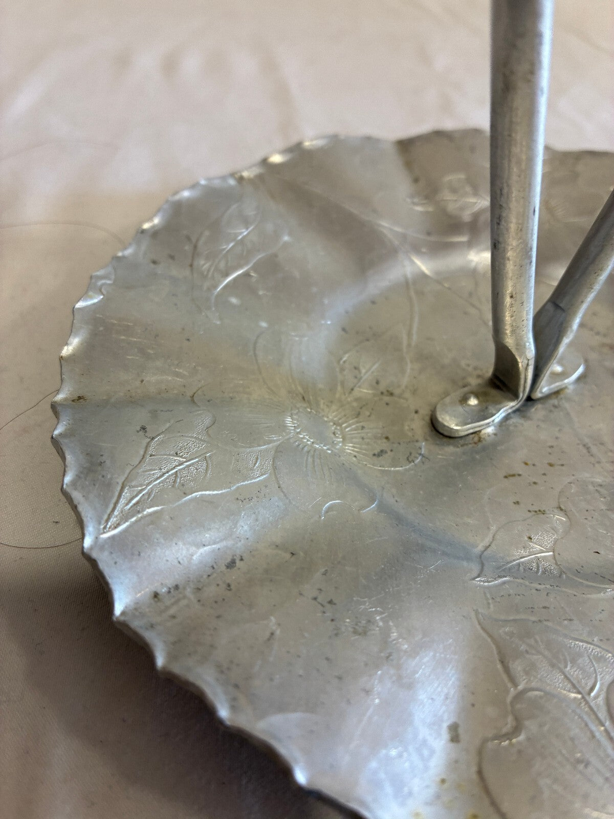 Vintage Hand Wrought Aluminum Handled Tray | Floral Hammered Serving Dish