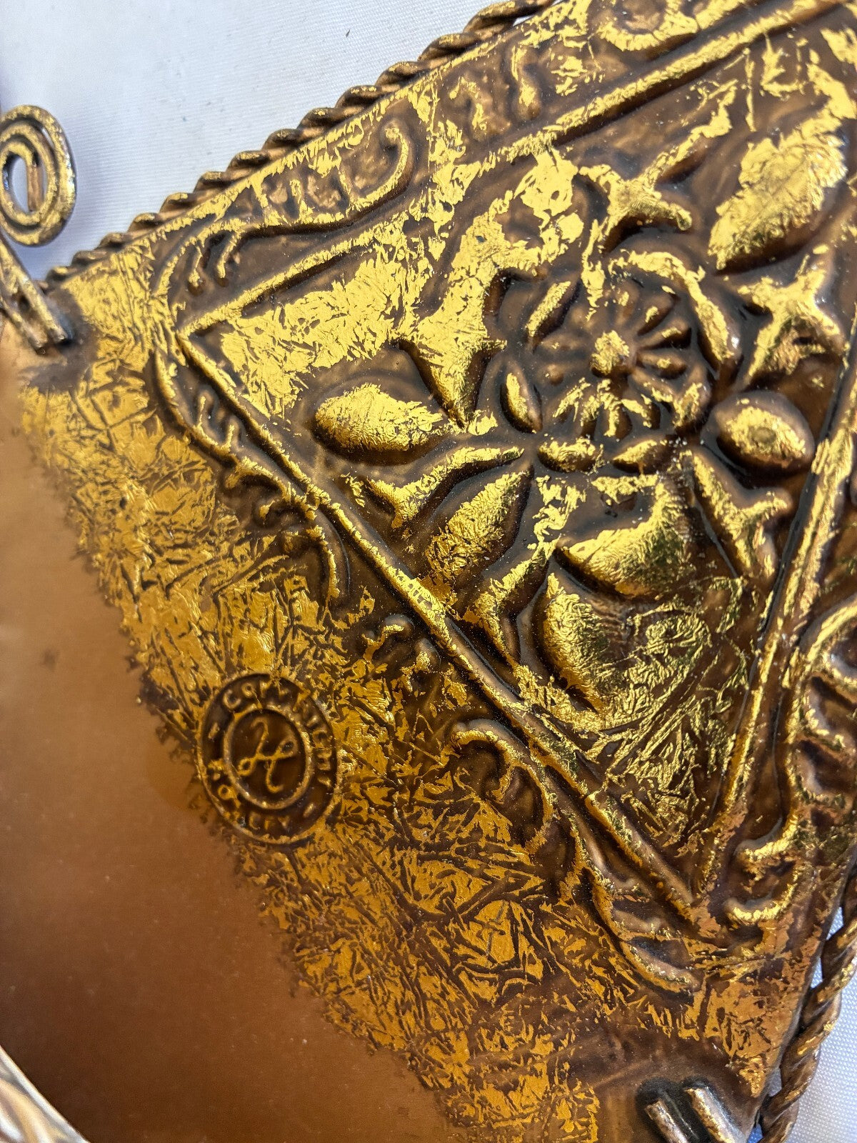 Vintage Hosley Gold Wall Pocket, Embossed Floral Hanging Vase