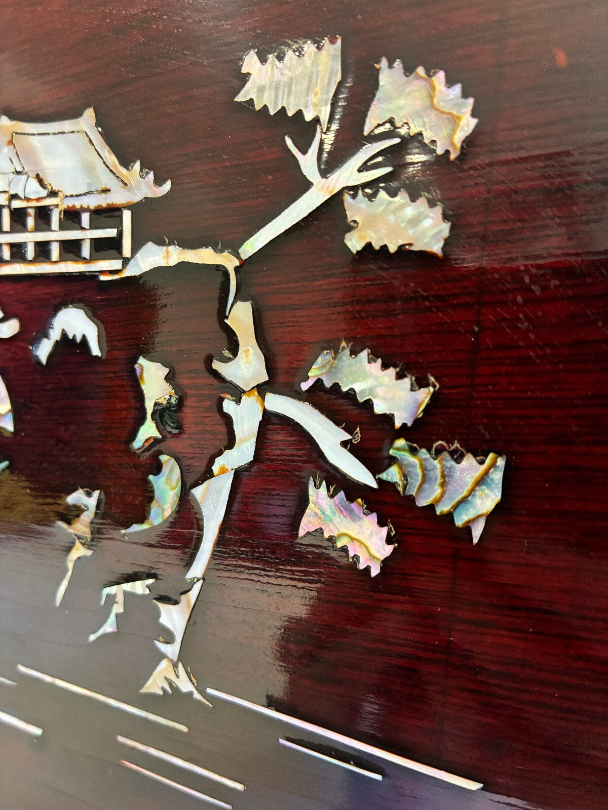 Asian Lacquer Mother of Pearl Inlay Tray | Oval Wood Landscape Scene