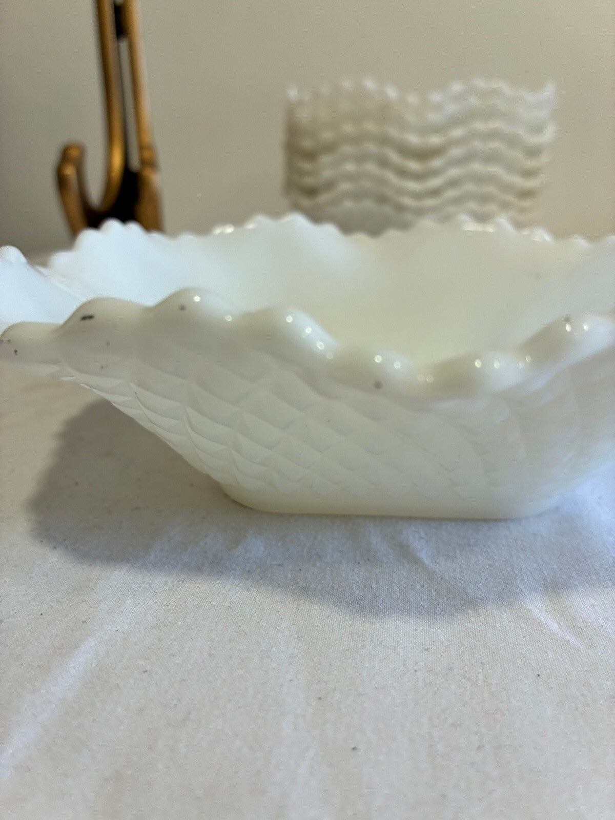 Vintage Milk Glass Ruffled Bowls Set of 8 | Quilted Diamond Pattern White Glass