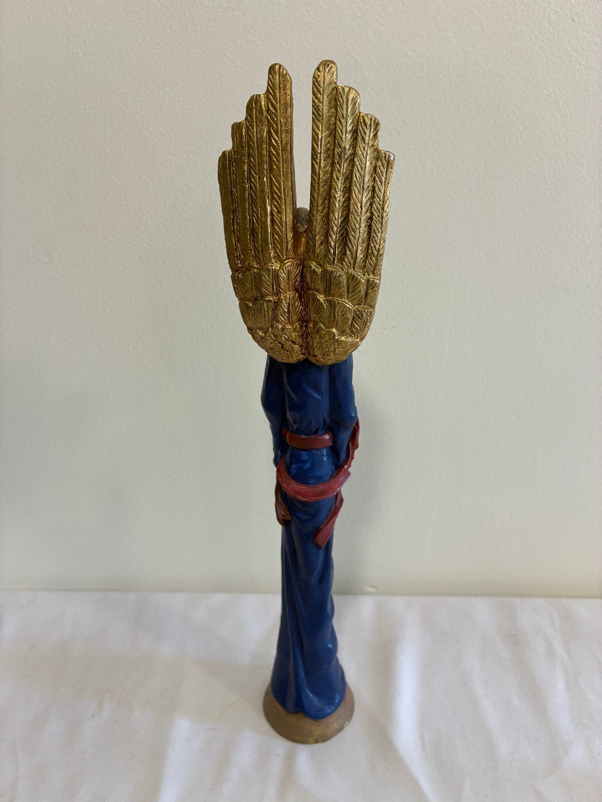Vintage Blue Angel Figurine with Gold Wings, Painted Statue with Flowers