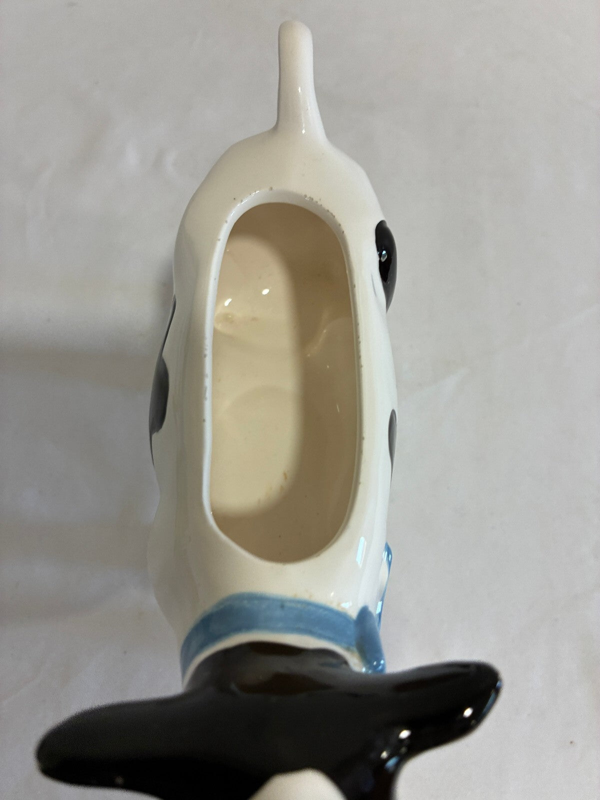 Vintage Ceramic Cow Creamer, Black and White Holstein Cow Pitcher with Blue Bow