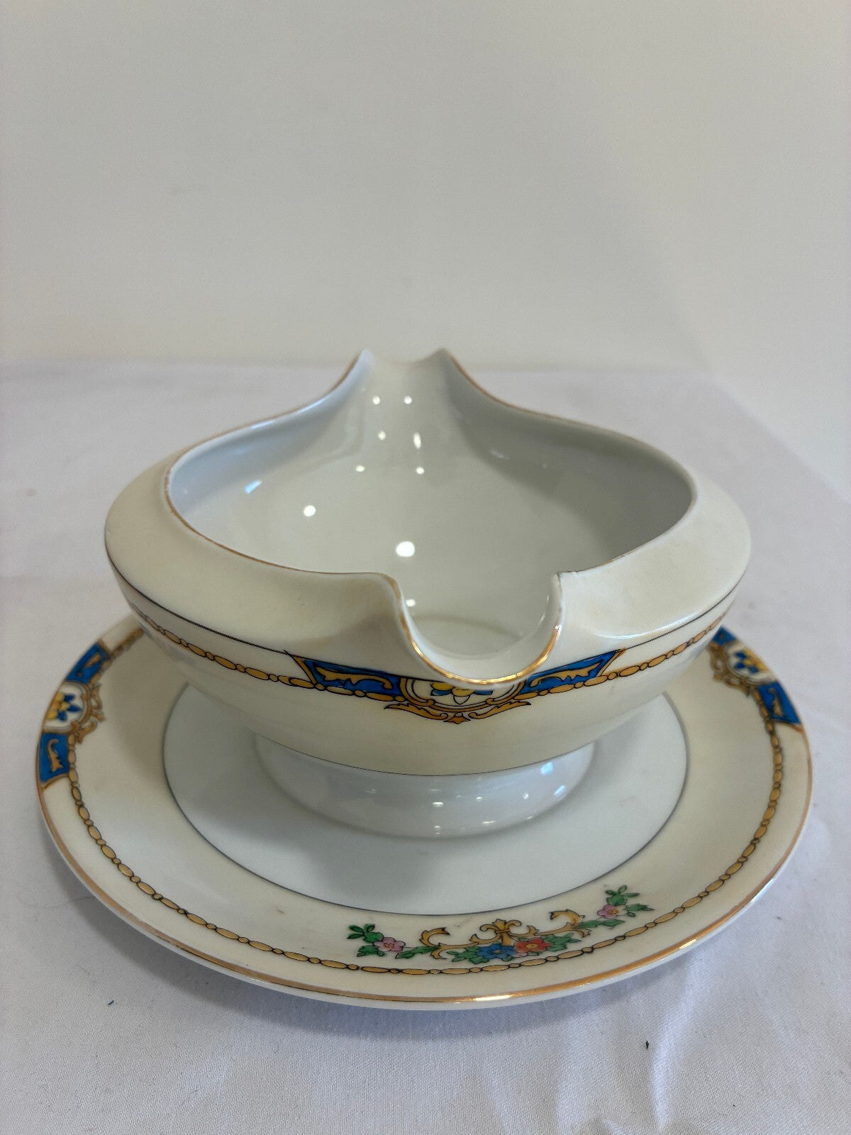 Vintage Meito China Warren Gravy Boat with Attached Underplate, Blue and Gold