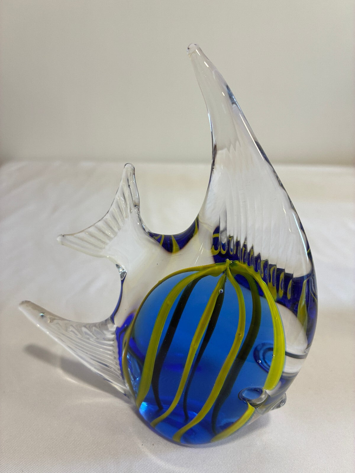 Vintage Art Glass Fish Figurine Blue Yellow Striped Made in Taiwan