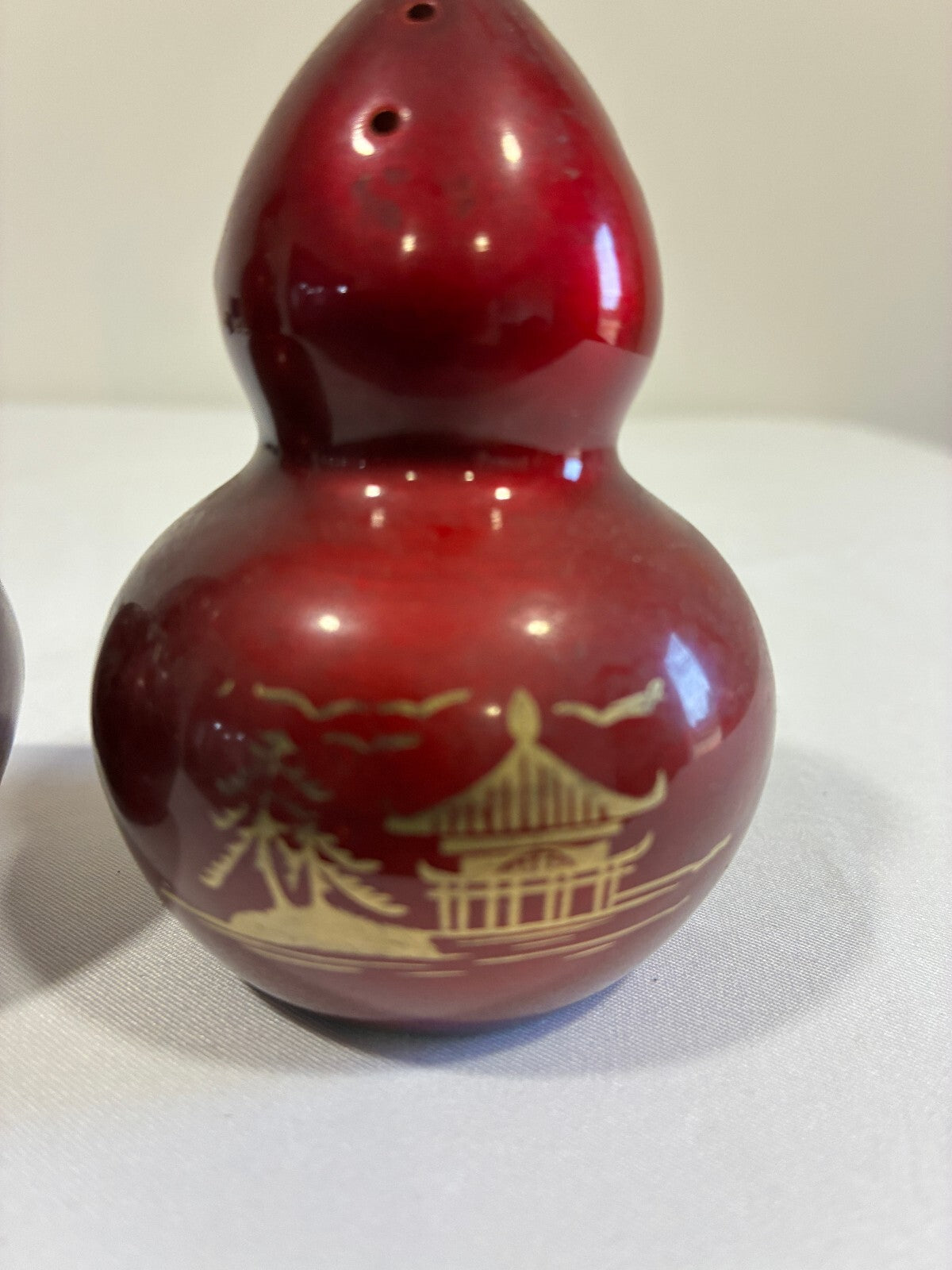 Vintage Red Lustreware Salt and Pepper Shakers | Gourd Shape Pagoda Design
