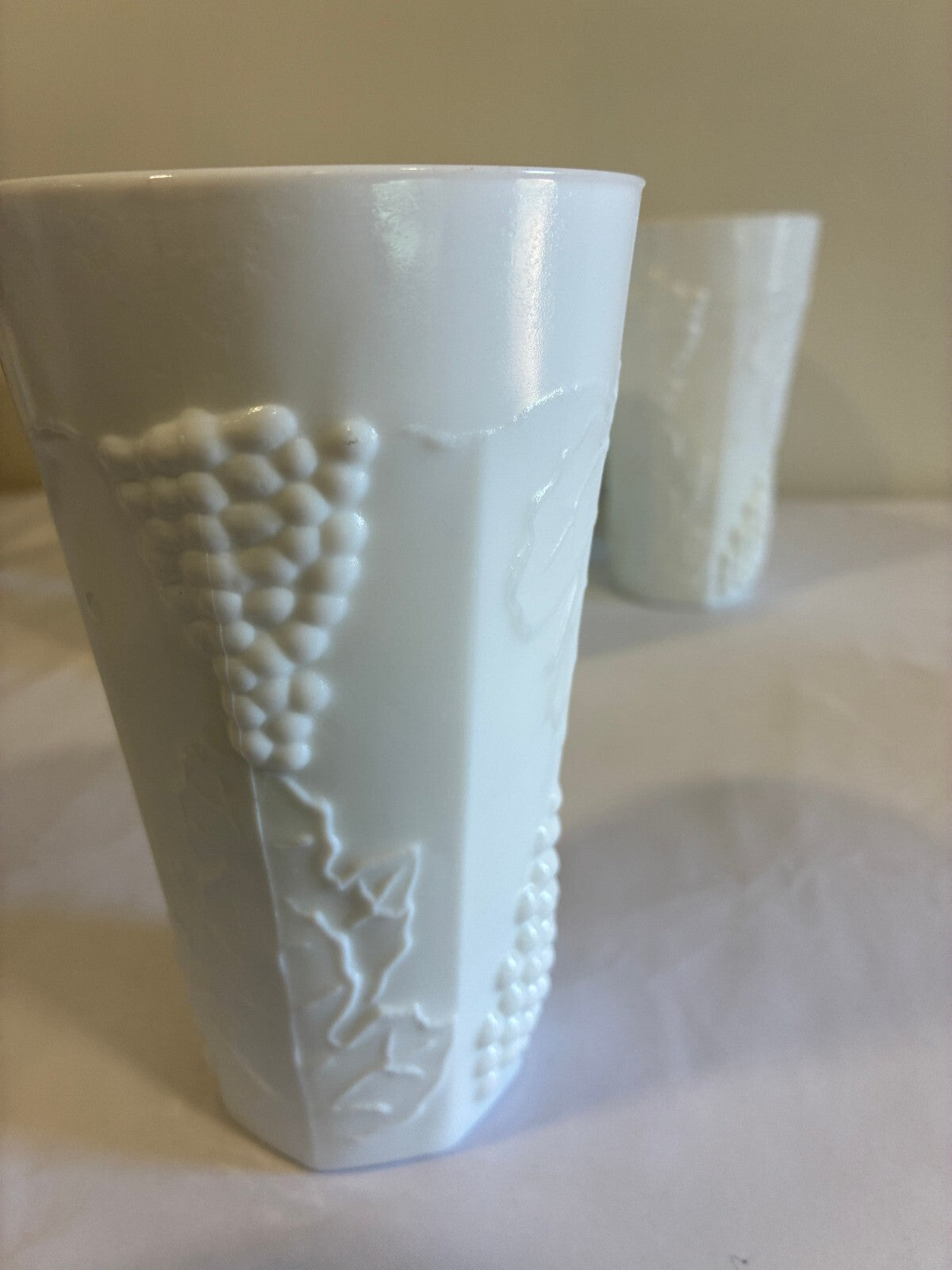 Vintage Milk Glass Tumblers Set of 9 Grape Vine Pattern White Drinking Glasses