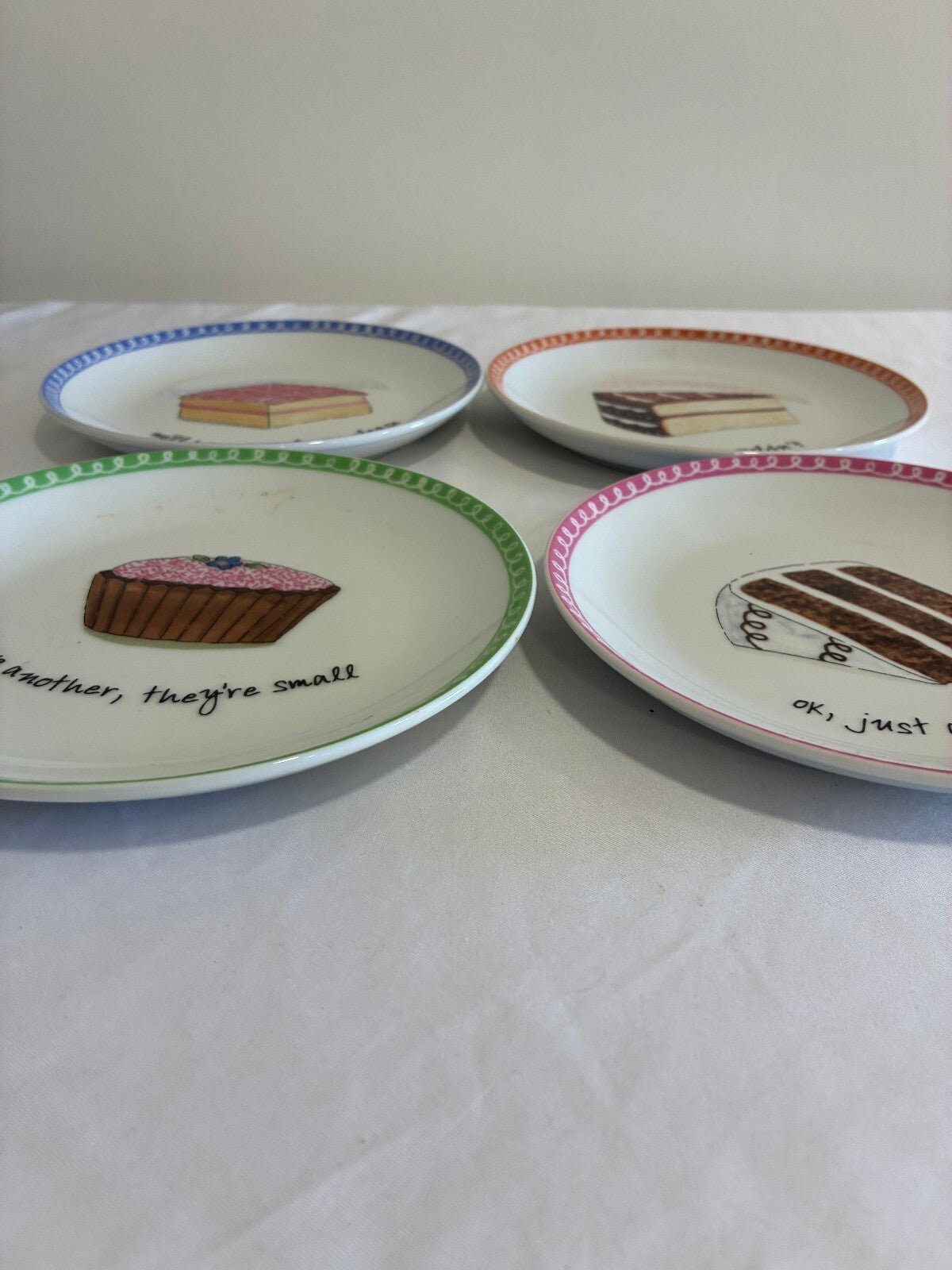 Cute Set of 4 Nancy Green Cake Plates with Funny Dessert Plate Quotes