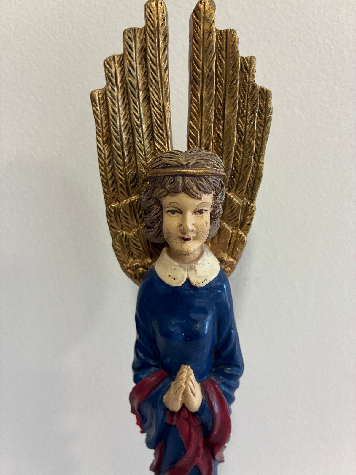 Vintage Blue Angel Figurine with Gold Wings, Painted Statue with Flowers