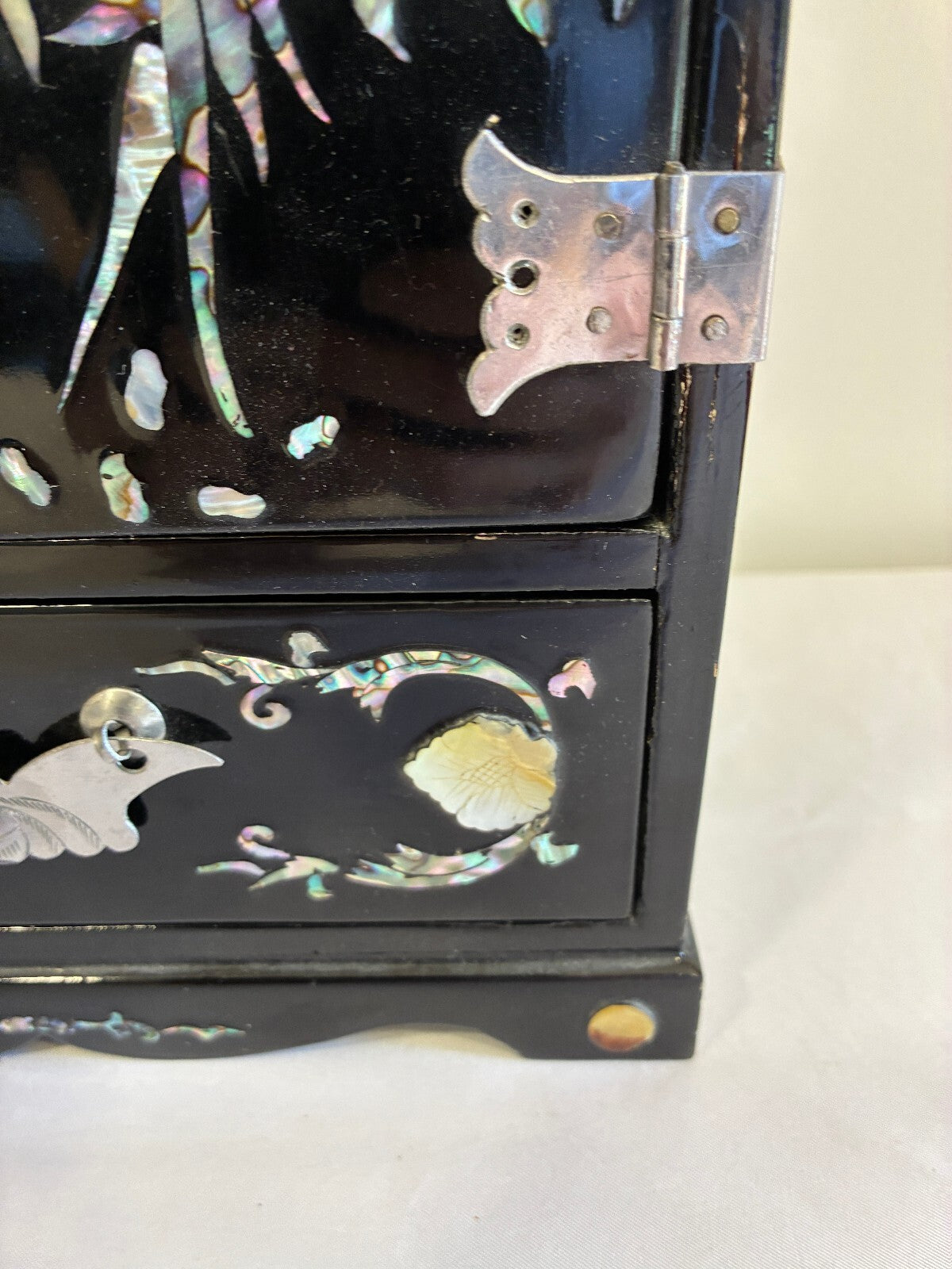 Vintage Black Lacquer Mother of Pearl Jewelry Cabinet | Asian Bird Floral Inlay