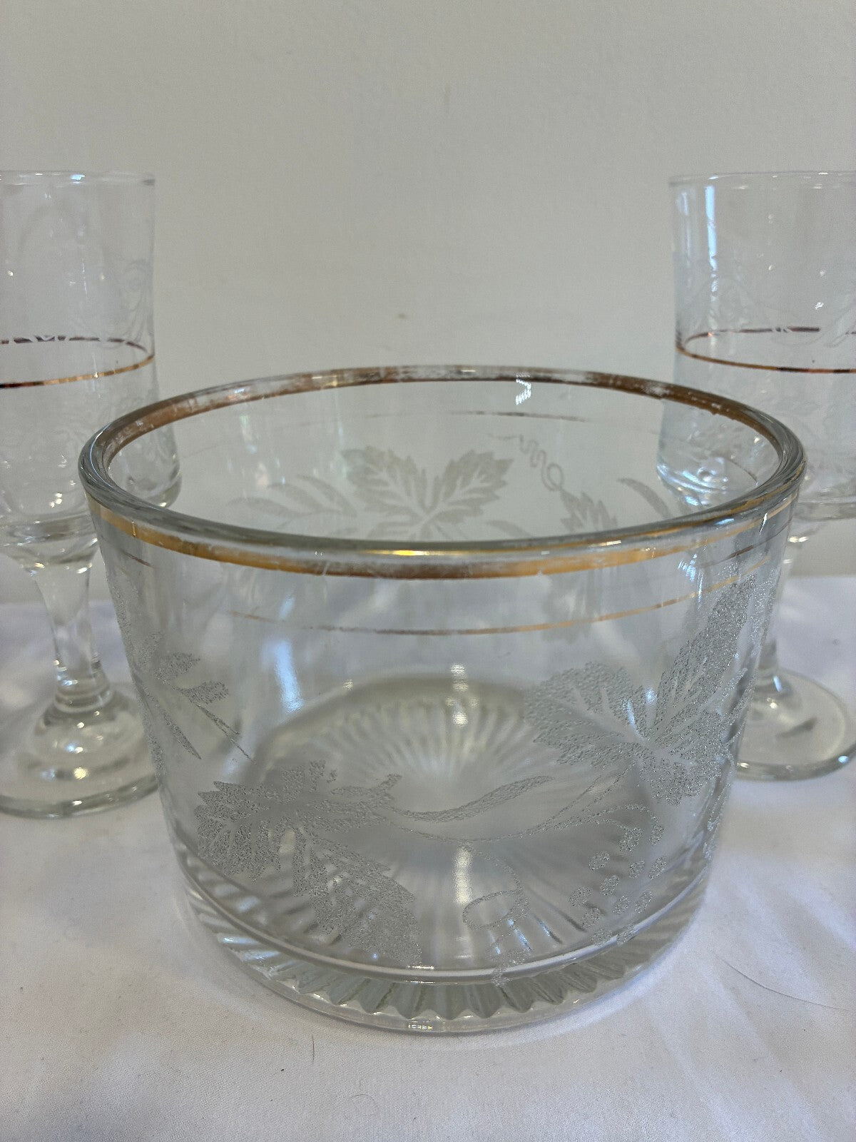 Vintage Bartlett Collins Etched Grape Glass Set 8 Goblets and Ice Bucket
