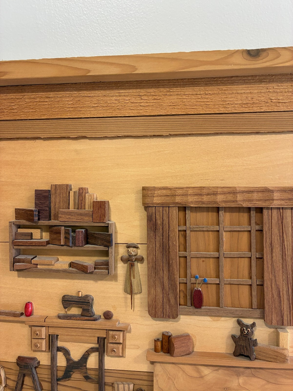 Signed Cleve Lewis Wood Marquetry Diorama "Grandma's Passion" 1994 | Handmade Folk Art
