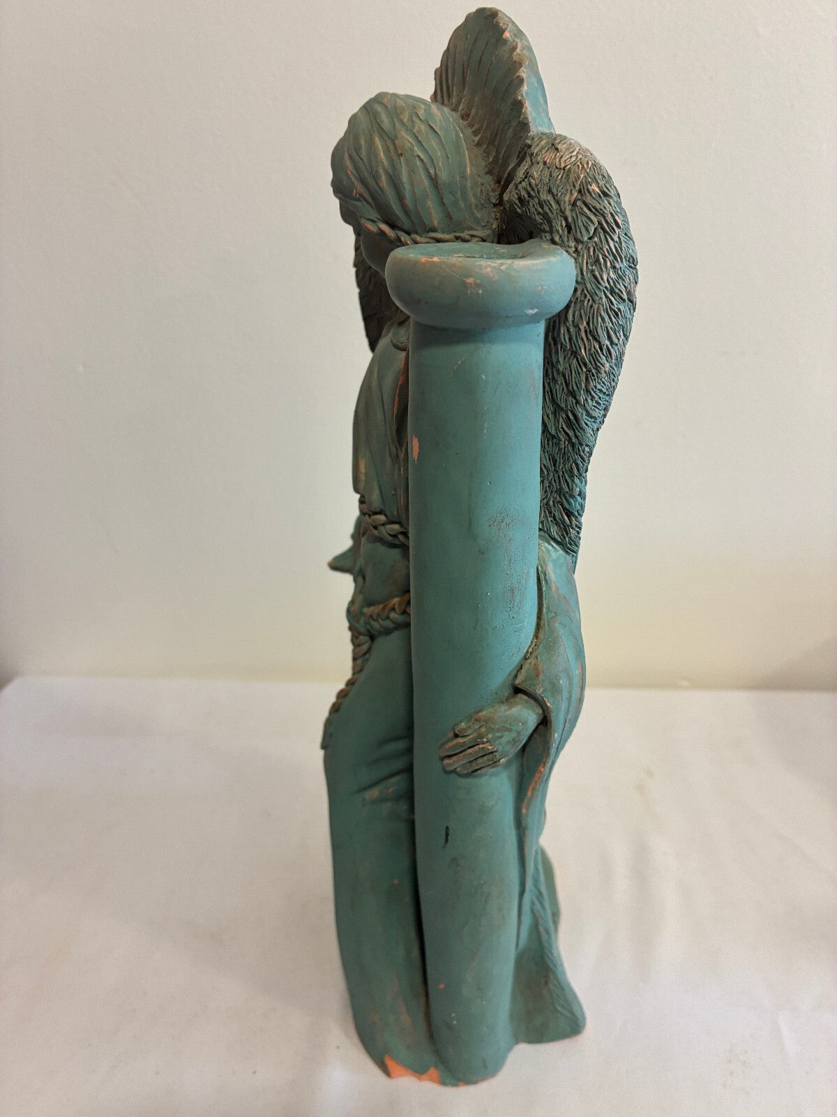 Vintage Terracotta Angel Candle Holder, Verdigris Patina Winged Figure Sculpture