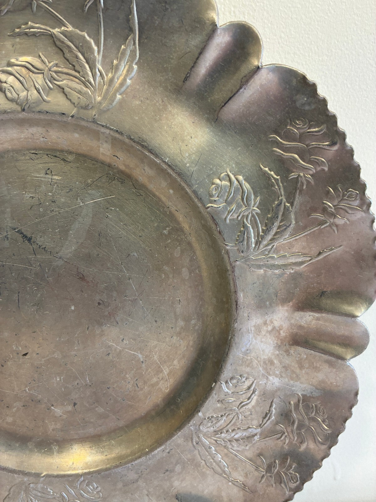 Vintage Hammered Aluminum Tray | Hand Chased Rose Design Ruffled Rim