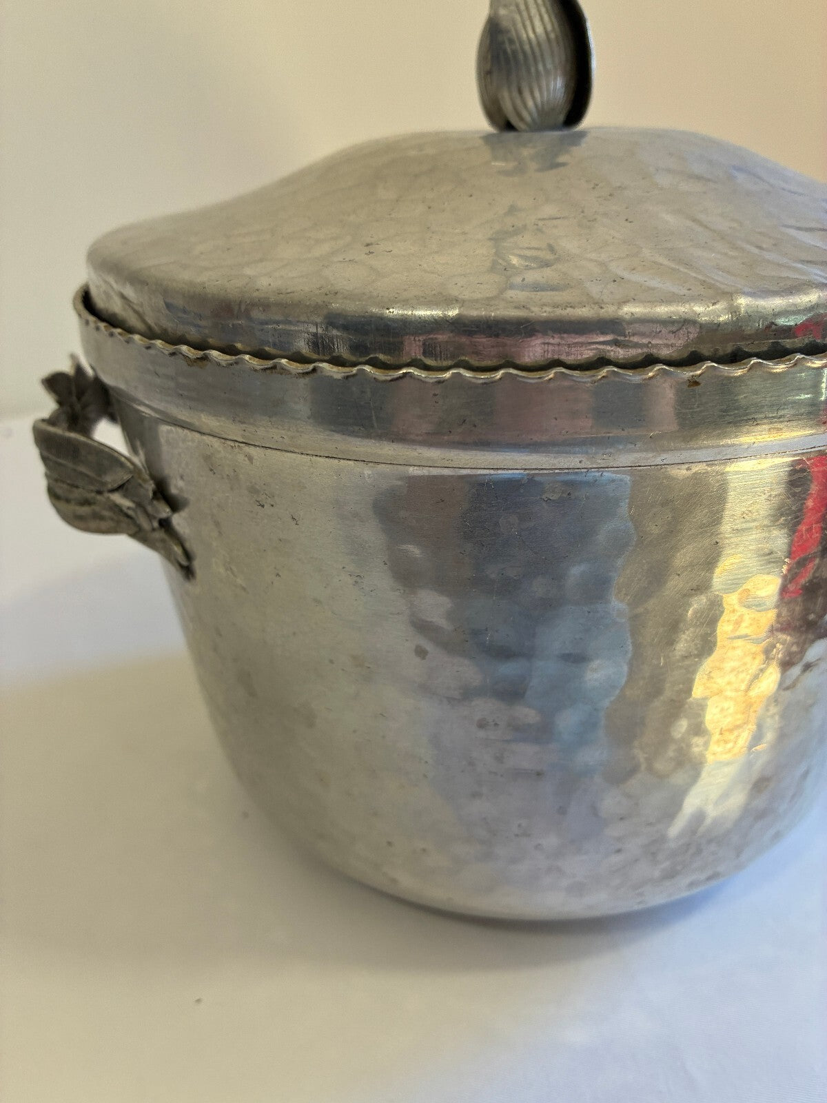 Vintage Hammered Aluminum Lidded Ice Bucket | Tulip Finial Floral Handles