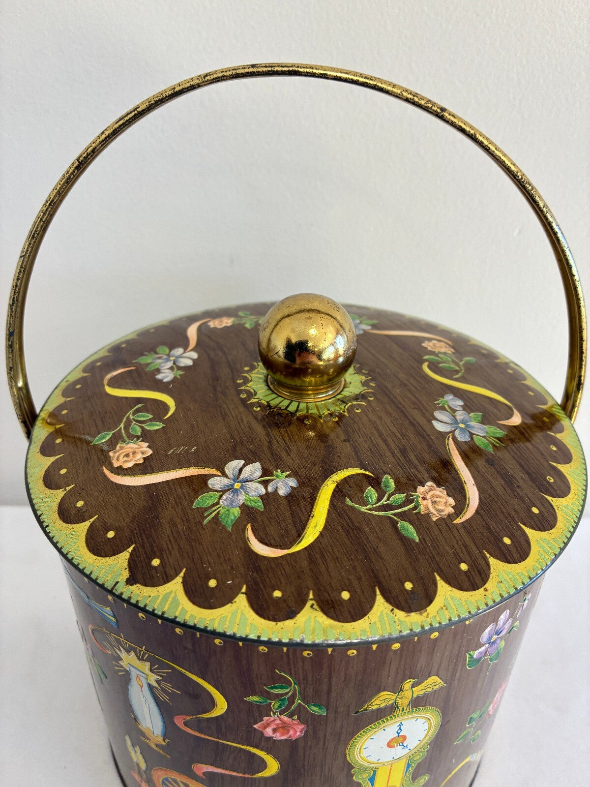 Vintage Daher England Tin with Handle and Lid, Clock Spinning Wheel Roses
