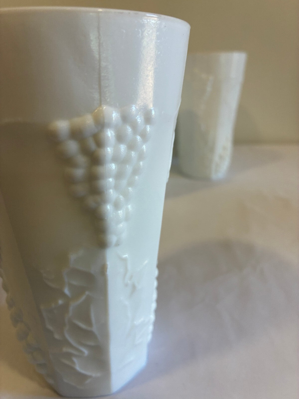 Vintage Milk Glass Tumblers Set of 9 Grape Vine Pattern White Drinking Glasses