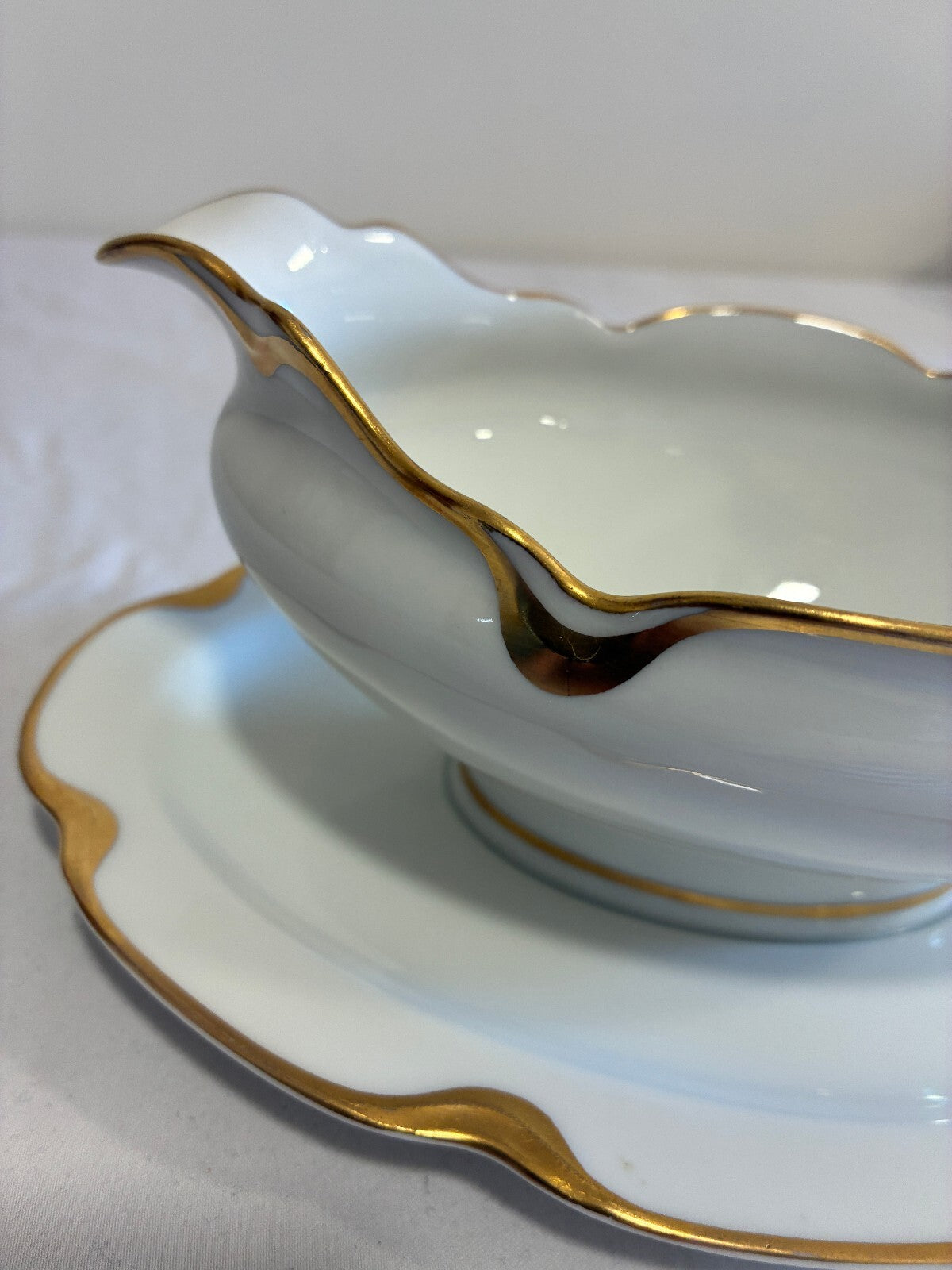 Antique Haviland & Co Limoges Gravy Boat with Gold Rim, French Porcelain