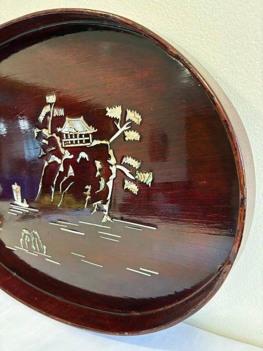 Asian Lacquer Mother of Pearl Inlay Tray | Oval Wood Landscape Scene