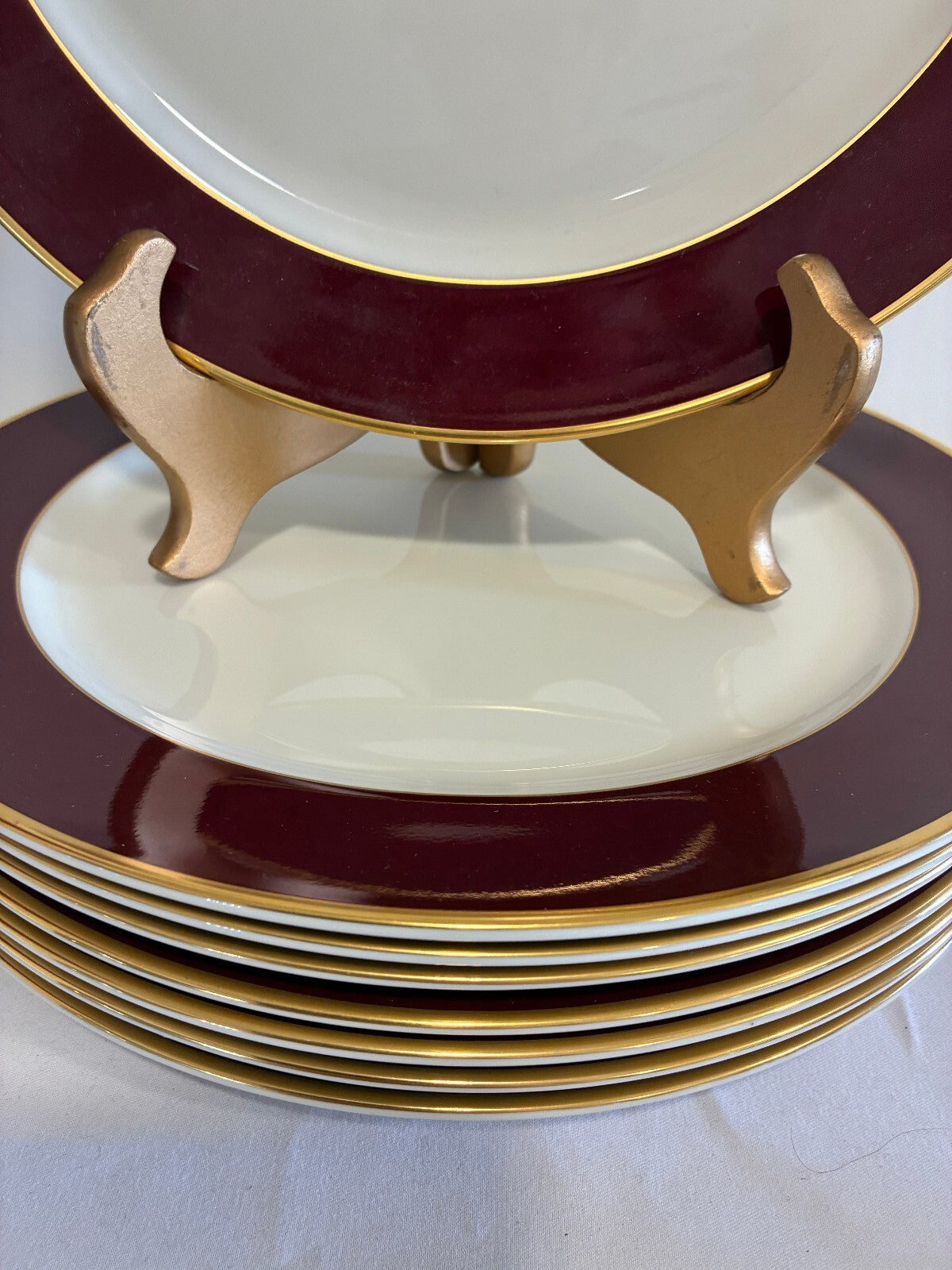 Vintage Pickard Fine China Dinner Plates, Set of 8, Burgundy & Gold