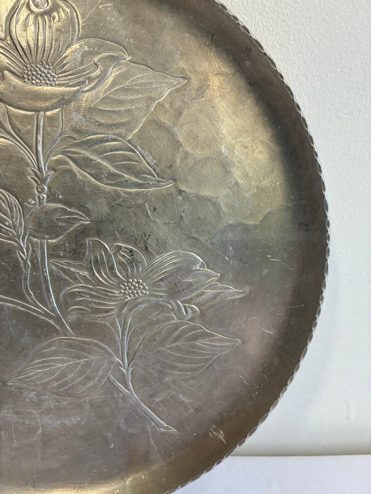 Vintage Hammered Aluminum Serving Tray | Hand Chased Dogwood Flower Design