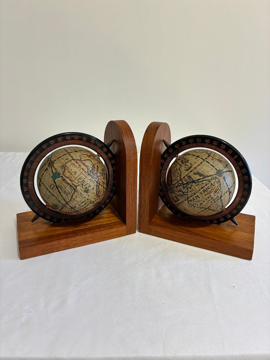 Vintage Arnbee Globe Bookends, Wood World Map Library Decor, Mid Century Office