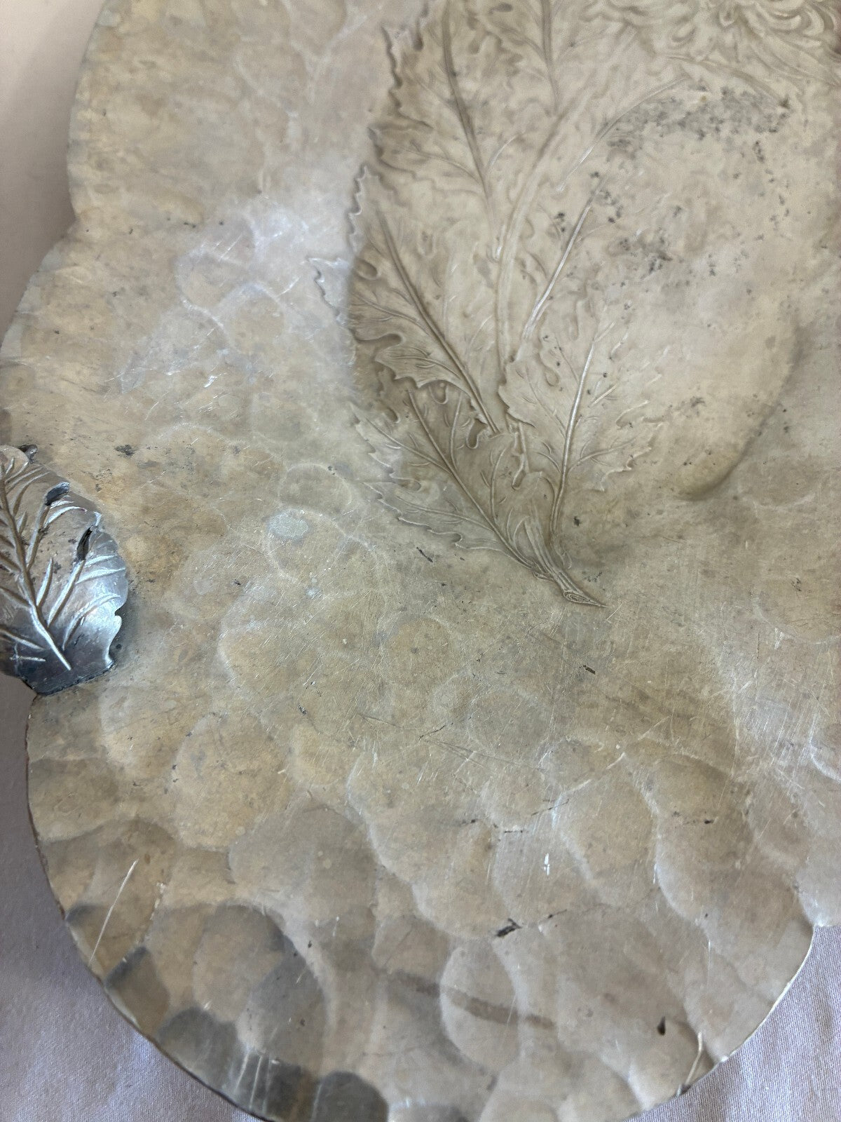 Vintage Continental Hand Wrought Aluminum Tray | Chrysanthemum Leaf Serving Dish