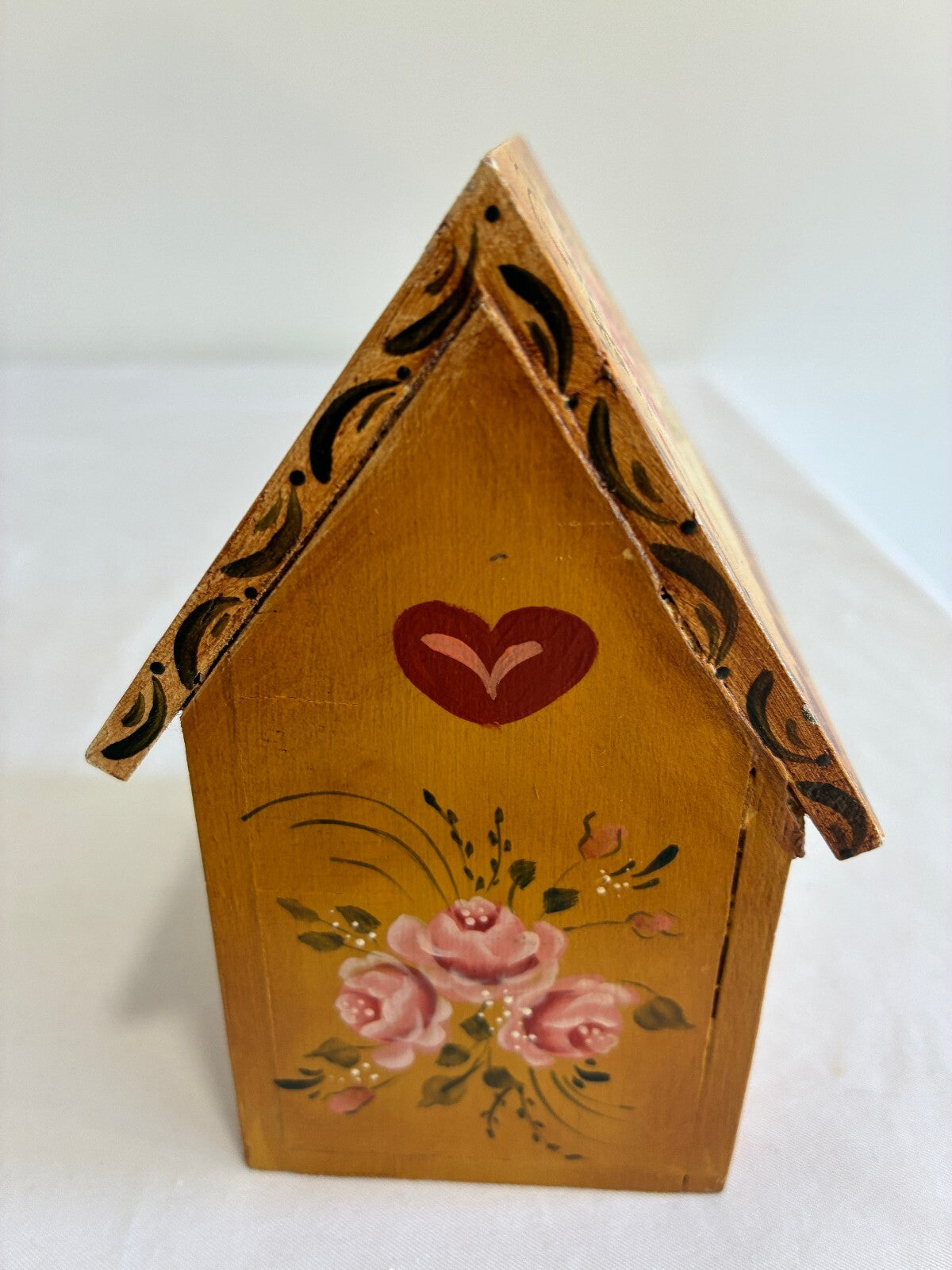 Vintage Hand Painted Wooden House Box with Drawer | Folk Art by Janet Lee
