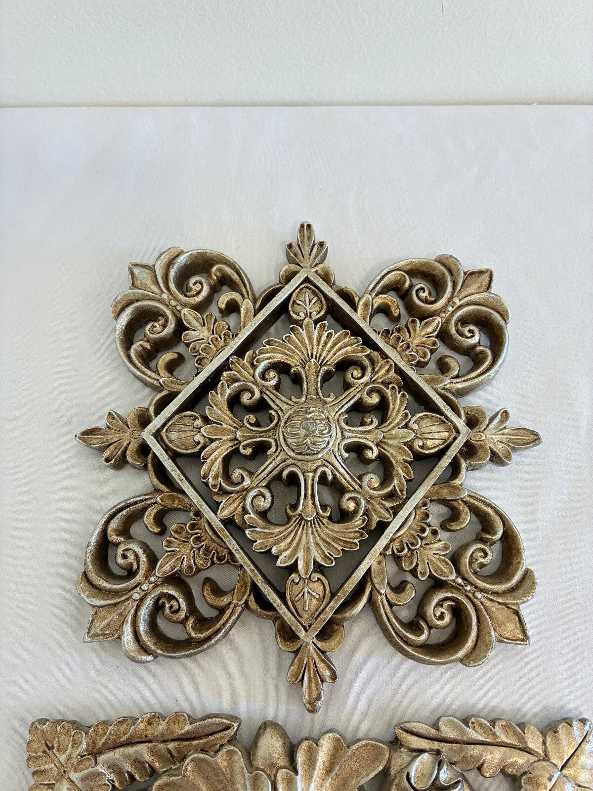Silver Gilt Painted Wood Medallions Wall Plaques, Set of 3, Hollywood Regency