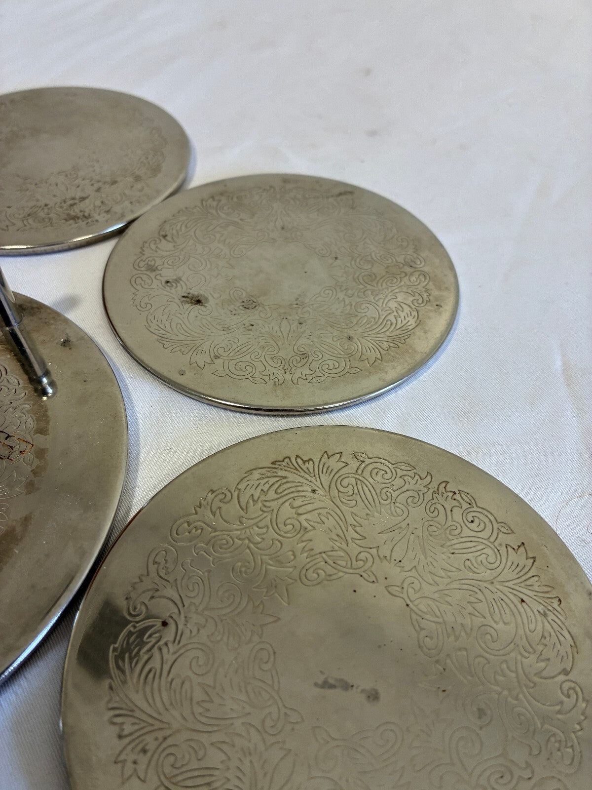 Vintage Set of 6 Silver Coasters with Holder Engraved Floral