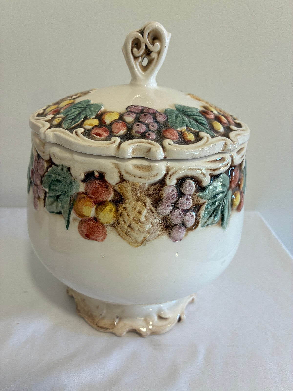 Vintage Lefton Majolica Style Lidded Jar | Raised Fruit & Grape Ceramic Canister