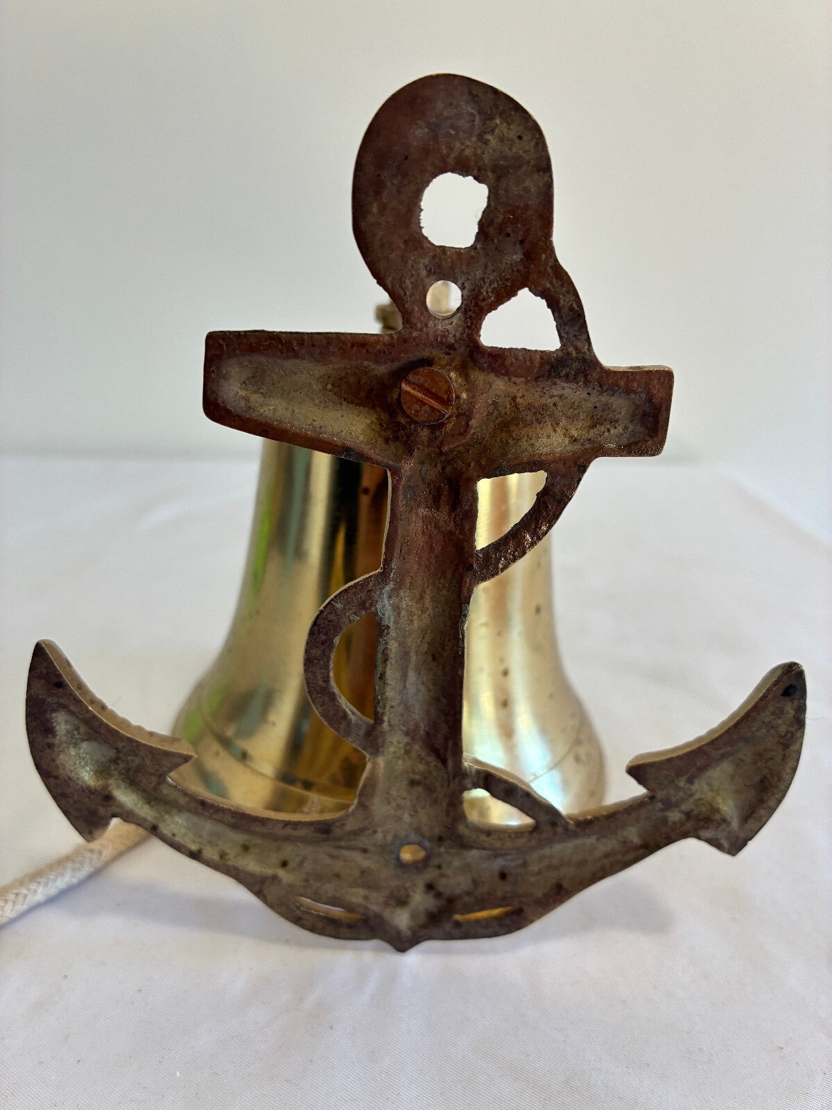 Vintage Solid Brass Anchor Bell with Rope Pull, Nautical Wall Mount Ship Bell