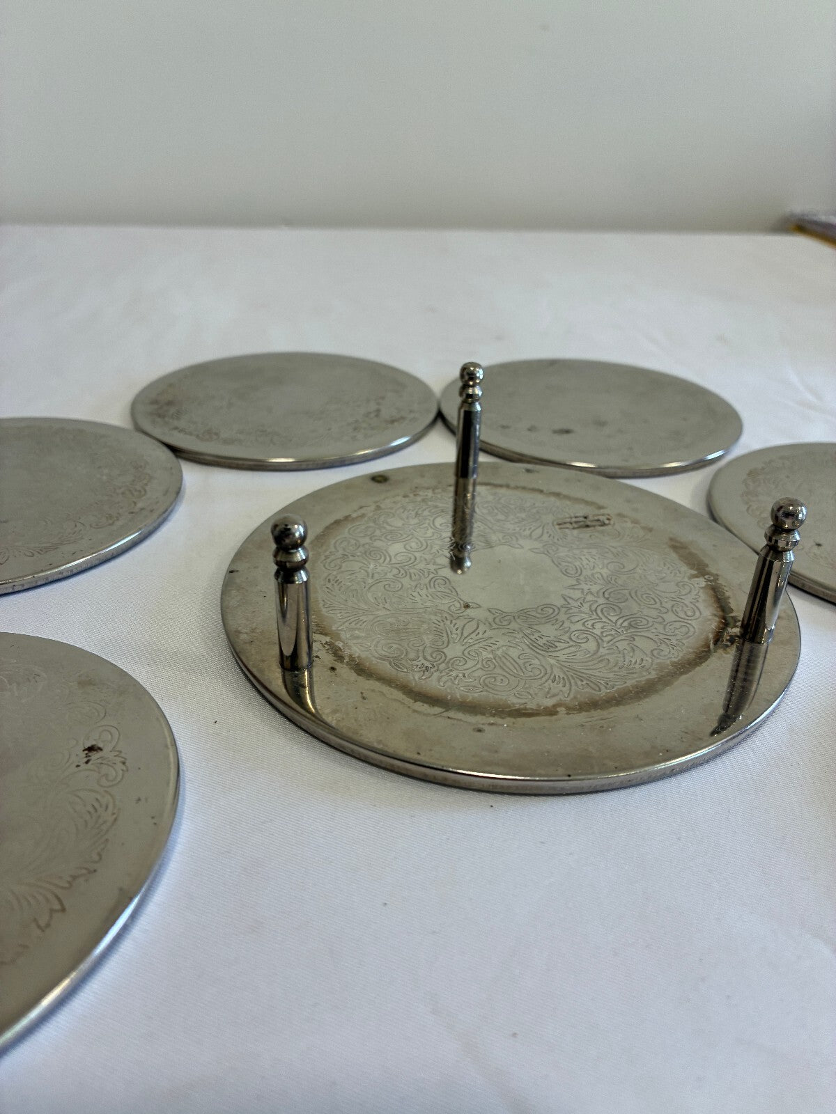 Vintage Set of 6 Silver Coasters with Holder Engraved Floral