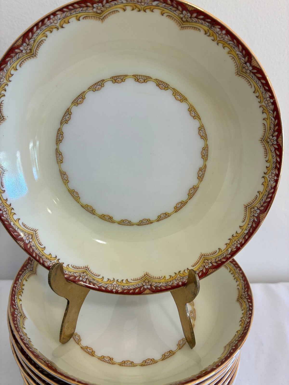 Vintage Set of 11 Meito China Celestine Fruit Bowls, Rust and Gold Border